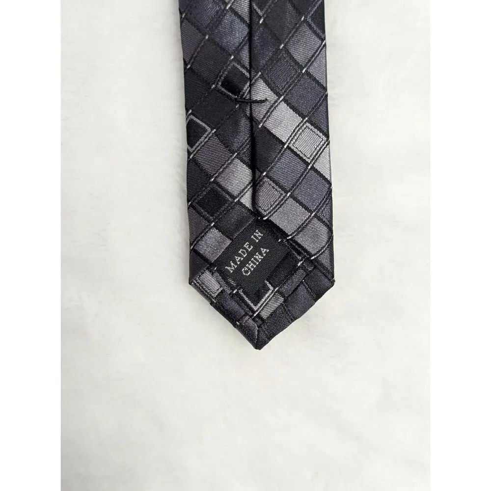 Vintage ck Calvin Klein Silk Necktie Gray Black Checkered Geometric Y2K 3.25